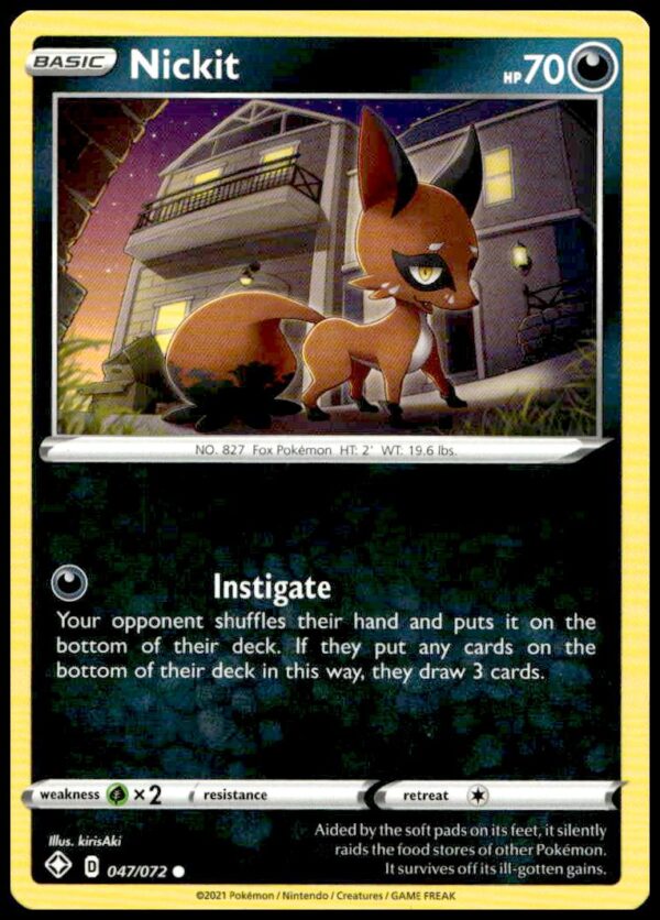 Nickit Pokémon card from 2021 Shining Fates, featuring vibrant, playful artwork, card number 047/072.
