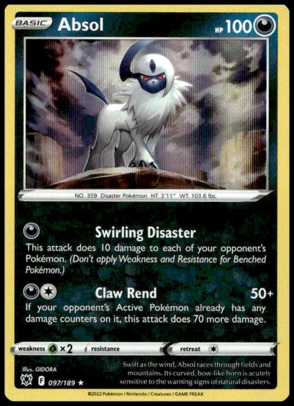 Absol holographic card from 2022 Pokémon Astral Radiance, featuring captivating and detailed artwork.