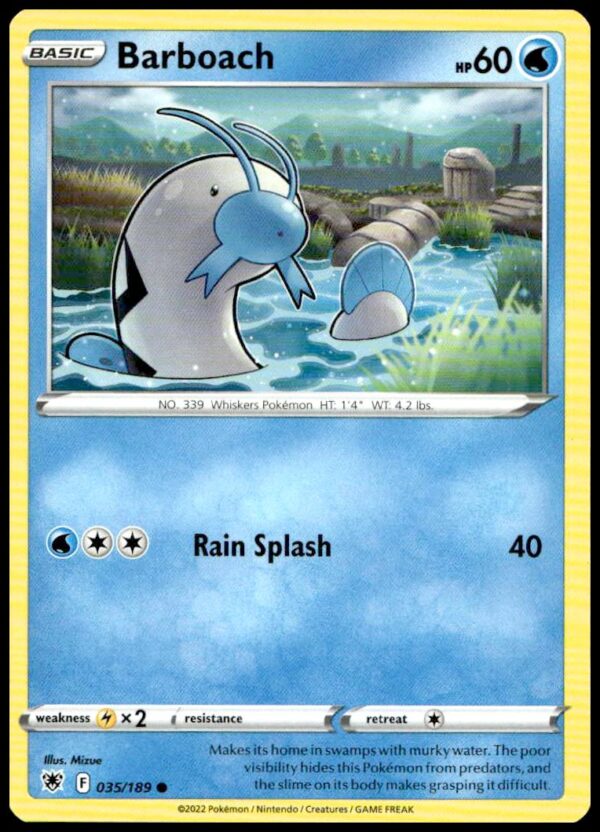 Barboach Pokémon card, 2022 Astral Radiance series, vibrant art, type, abilities.