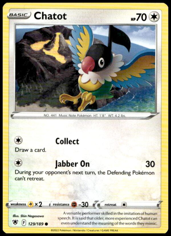 Colorful 2022 Astral Radiance Pokémon card featuring Chatot, number 129 from Sword & Shield series.