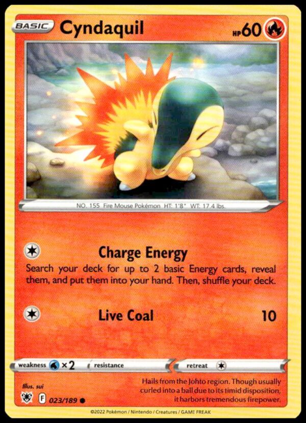 Cyndaquil Astral Radiance 2022 trading card #023/189, dynamic pose highlighting fiery attributes.