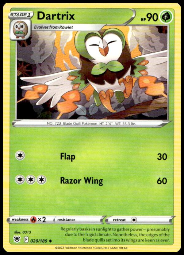 Dartrix Pokémon card from Astral Radiance, showcasing colorful artwork and elegant plumage.
