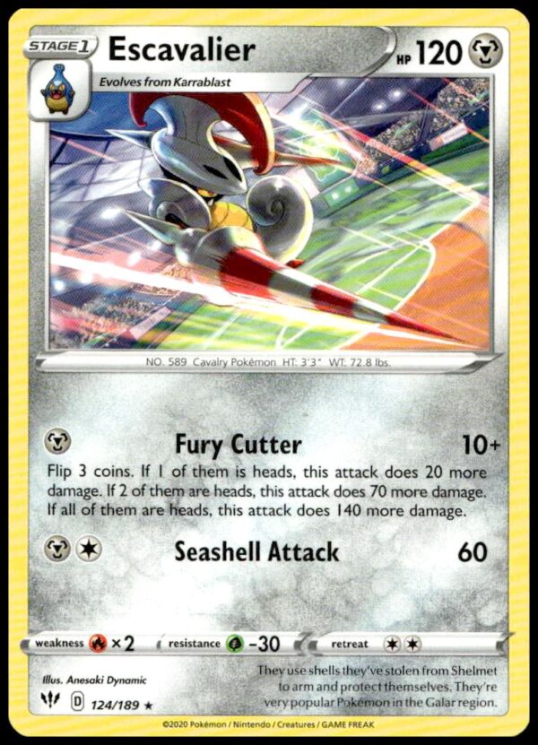 Escavalier Pokémon Card: Sword & Shield Astral Radiance #124, featuring dynamic artwork and vibrant design.