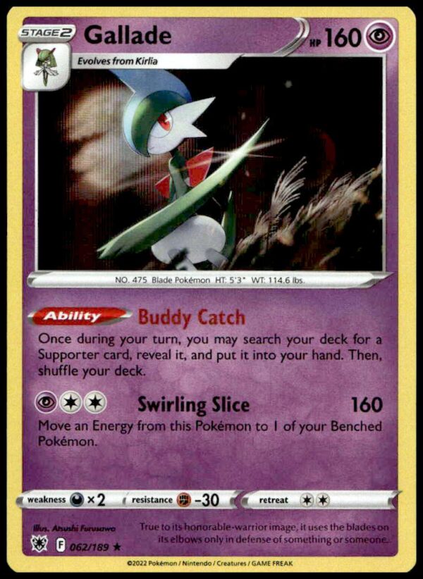 Gallade Holo Card, Astral Radiance 2022, Pokémon collectible with vibrant, dynamic artwork.