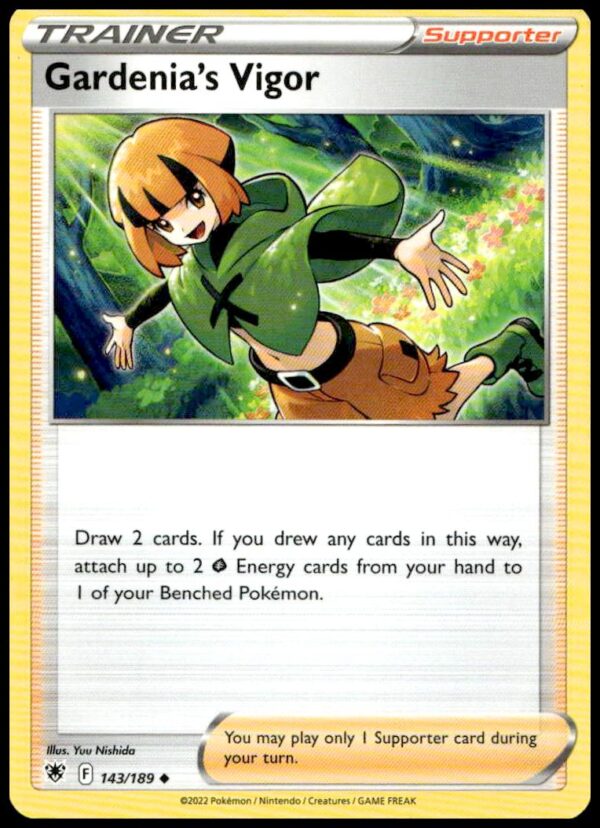 2022 Astral Radiance Gardenias Vigor Holo Pokémon Card #143/189, Sword & Shield Series.
