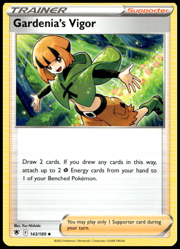 2022 Astral Radiance Gardenias Vigor Holo Pokémon Card #143/189, Sword & Shield Series.