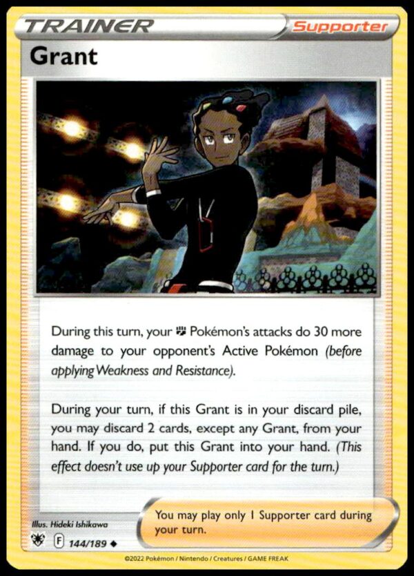 Dynamic artwork of Grant on Pokémon Astral Radiance card #144/189, 2022 release.
