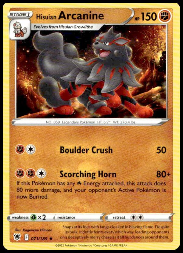 Hisuian Arcanine Pokémon card from 2022 Astral Radiance, featuring dynamic art and vibrant colors.