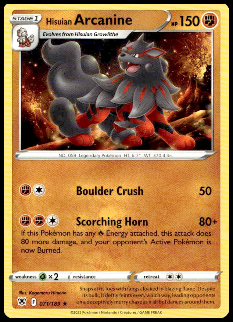 Hisuian Arcanine Pokémon card from 2022 Astral Radiance, featuring dynamic art and vibrant colors.