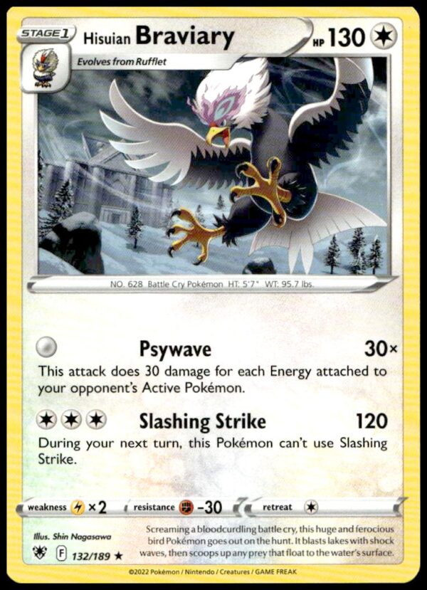 Hisuian Braviary Pokémon card from 2022 Astral Radiance, featuring Psychic/Flying type, card 132/189.