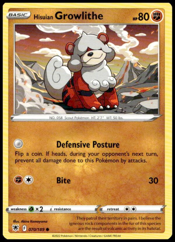 Hisuian Growlithe Pokémon Card 2022: Astral Radiance, featuring distinct fur and vibrant background.