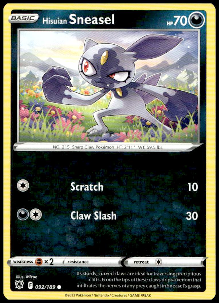Hisuian Sneasel Pokémon card, Astral Radiance 2022, features vibrant artwork and dynamic design.