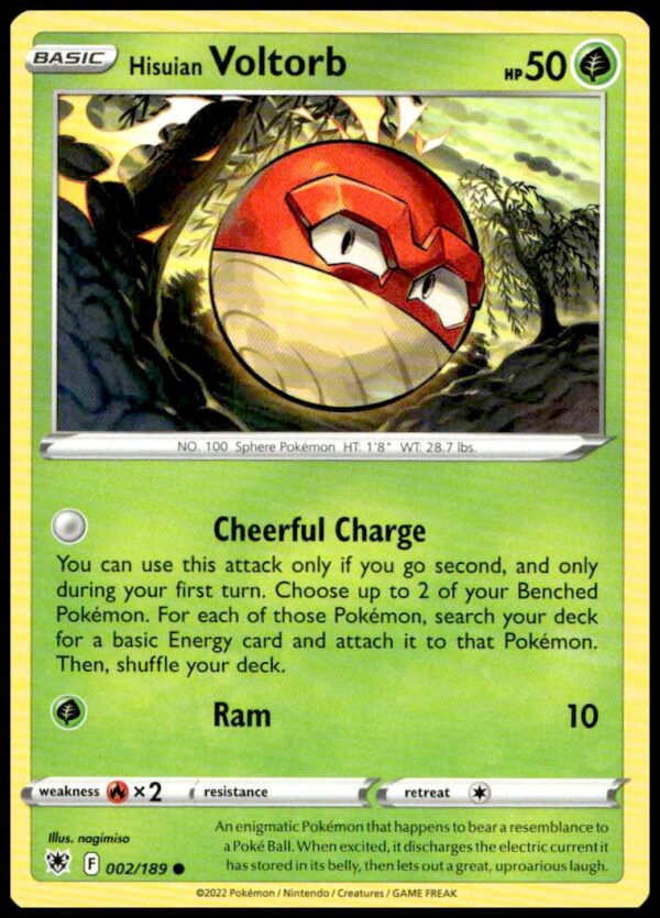Hisuian Voltorb Pokémon Card, 2022 Astral Radiance Set, #002/189, with vibrant artwork.