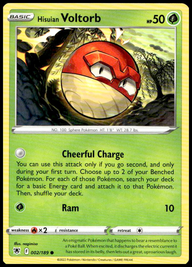 Hisuian Voltorb Pokémon Card, 2022 Astral Radiance Set, #002/189, with vibrant artwork.