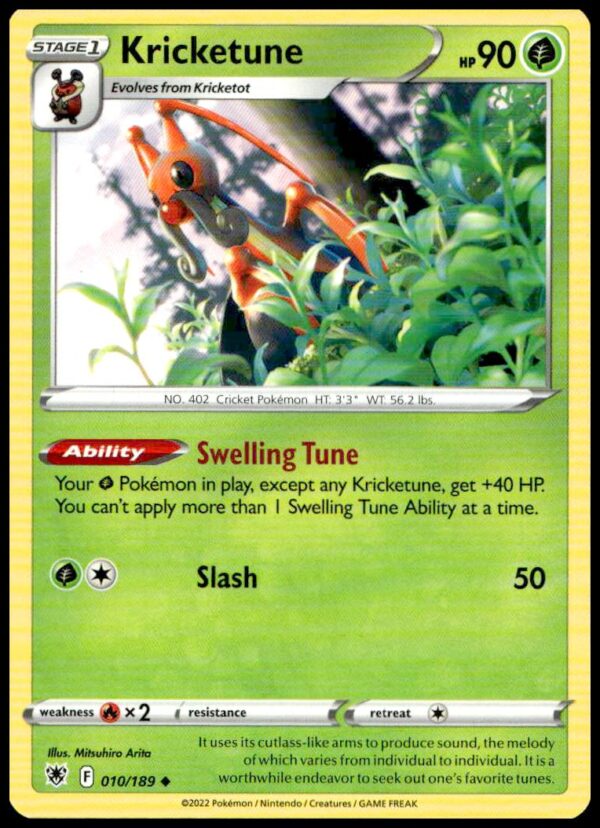 2022 Pokémon Astral Radiance Kricketune Card #010/189, featuring vibrant collectible artwork.