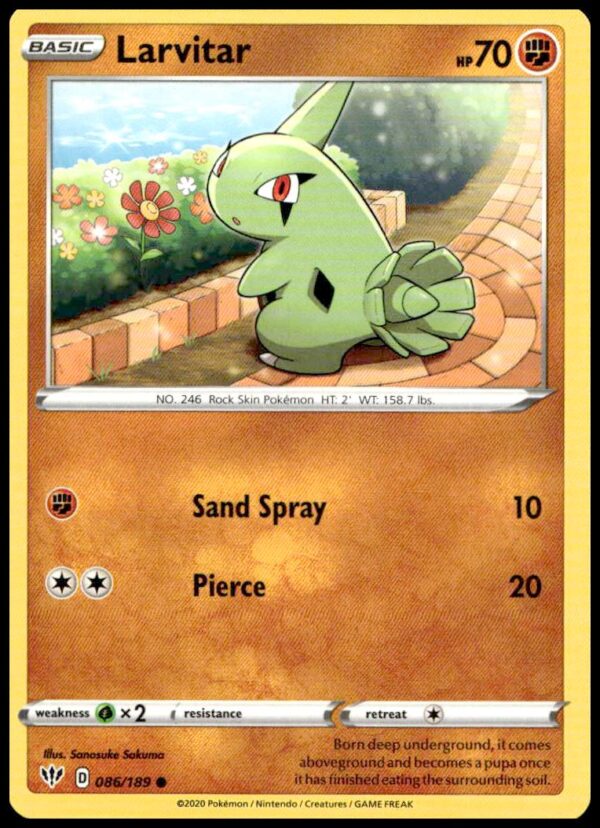 Larvitar Pokémon Card, 2022 Astral Radiance, #086/189, dynamic art, vivid background.