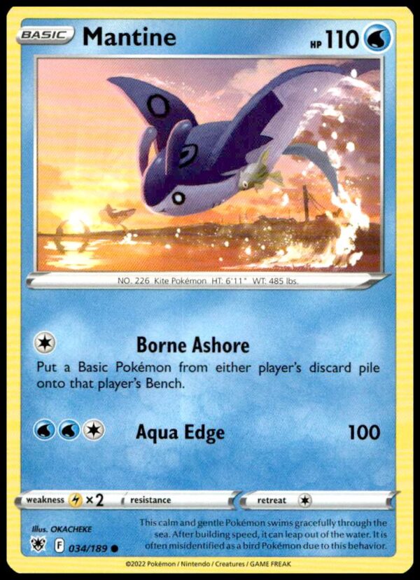 2022 Mantine Pokémon card with vibrant ocean art, Astral Radiance series, #034/189.