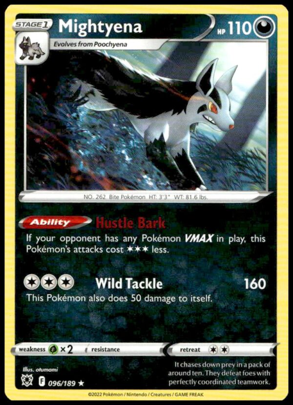 Fierce Mightyena Astral Radiance card #096/189 from 2022, showcasing dynamic Dark-type illustration.