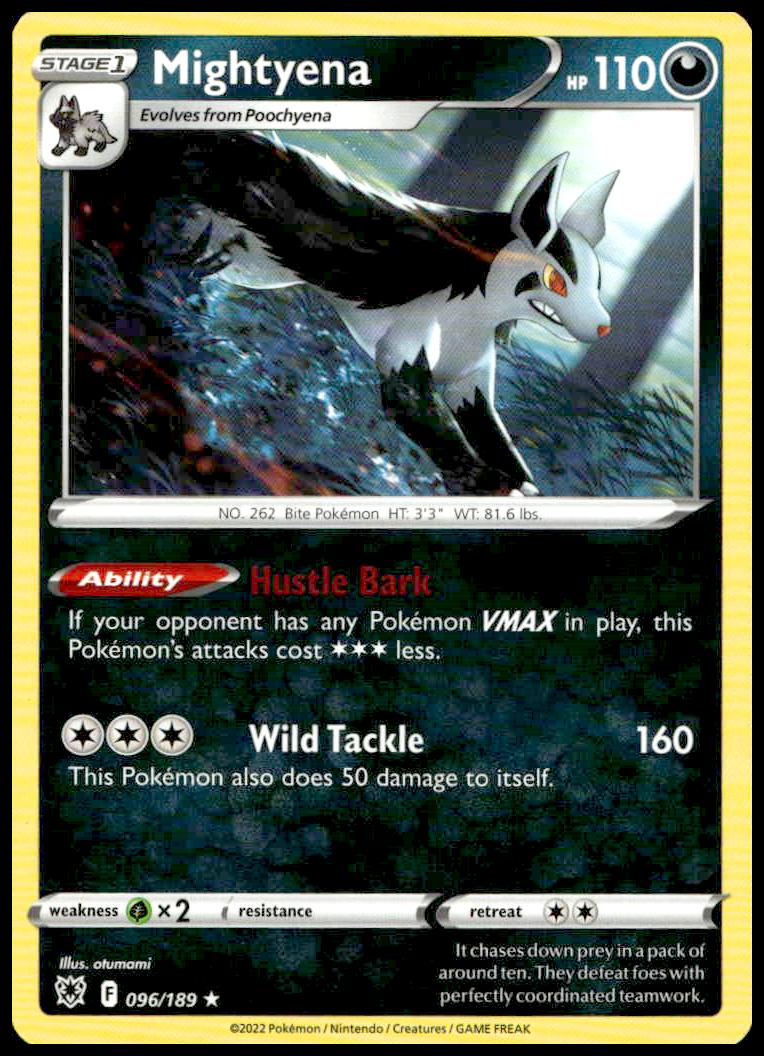 Fierce Mightyena Astral Radiance card #096/189 from 2022, showcasing dynamic Dark-type illustration.