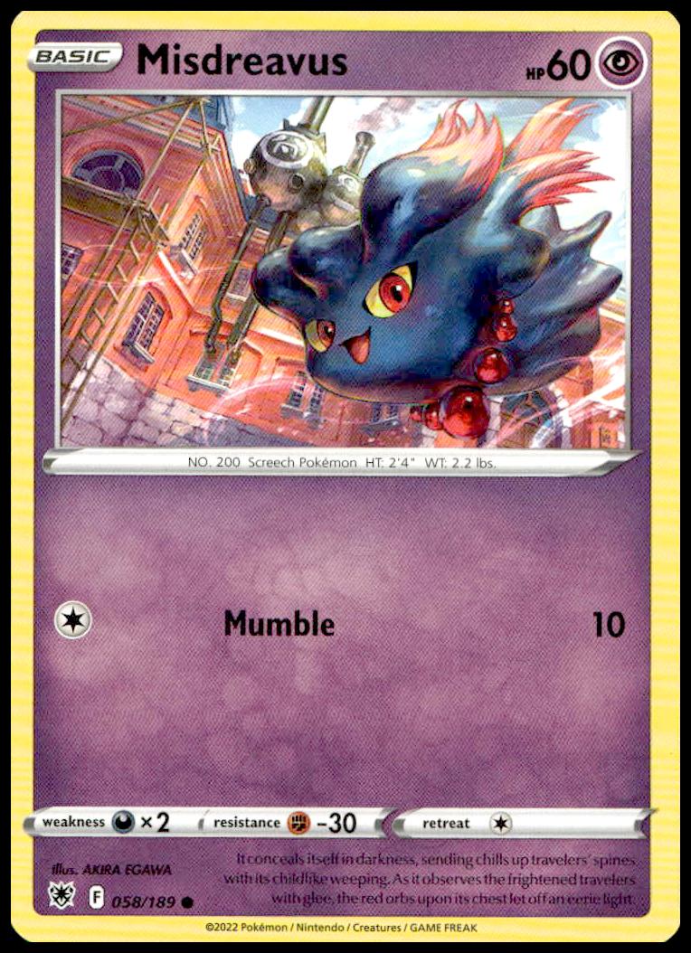 2022 Pokémon Astral Radiance Misdreavus card with mystical ghostly colors and enchanting backdrop.