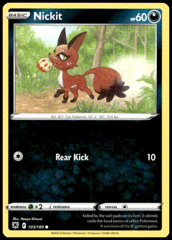 Nickit Pokémon Card from 2022 Astral Radiance Series, featuring vibrant artwork and key stats.