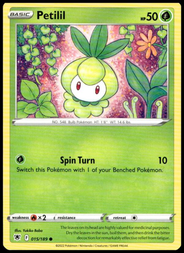 2022 Astral Radiance Petilil Pokémon Card #015/189 with artwork and game stats.