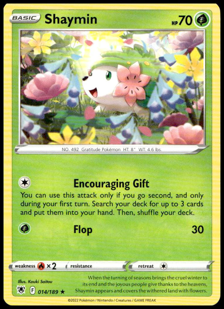 Shaymin Astral Radiance 2022 Pokémon card, vibrant design, #014/189, collectible from Sword & Shield.