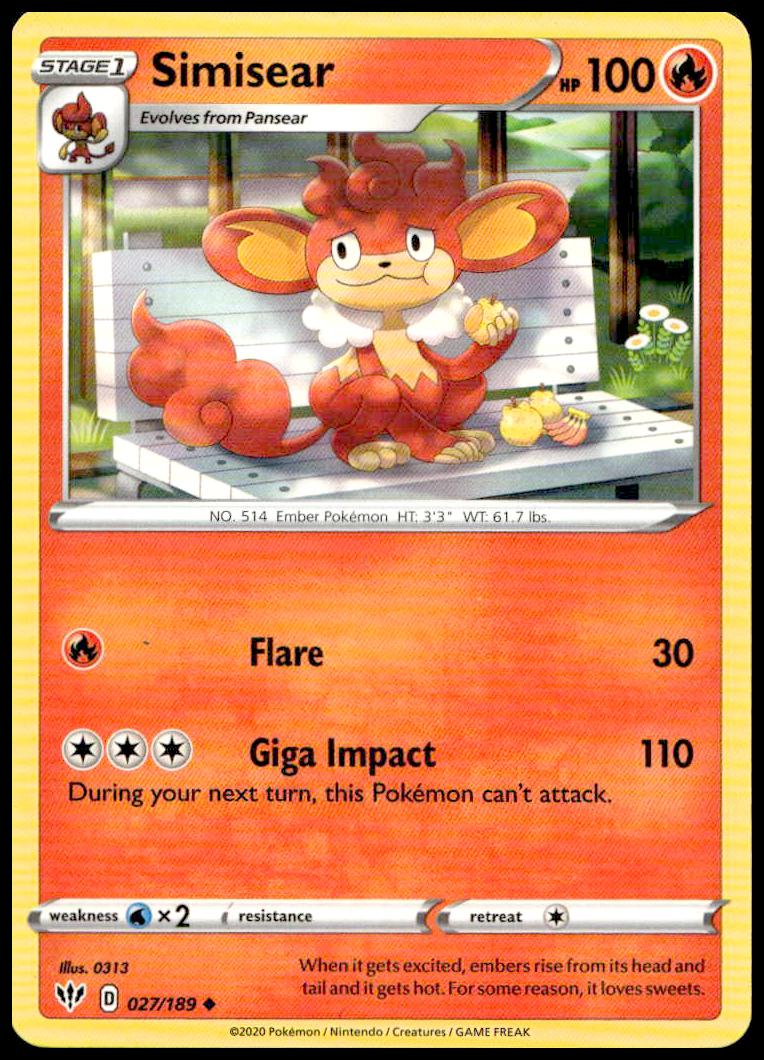 Simisear Astral Radiance card, Fire-type, dynamic design, 027/189, vivid Pokémon artwork.