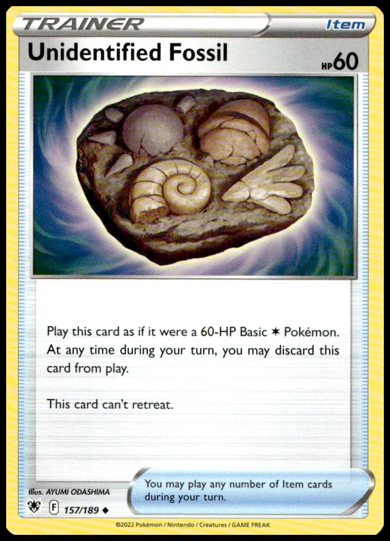 Unidentified Fossil Pokémon Card, Astral Radiance Set, 2022, Front View, Detailed Artwork, #157/189.