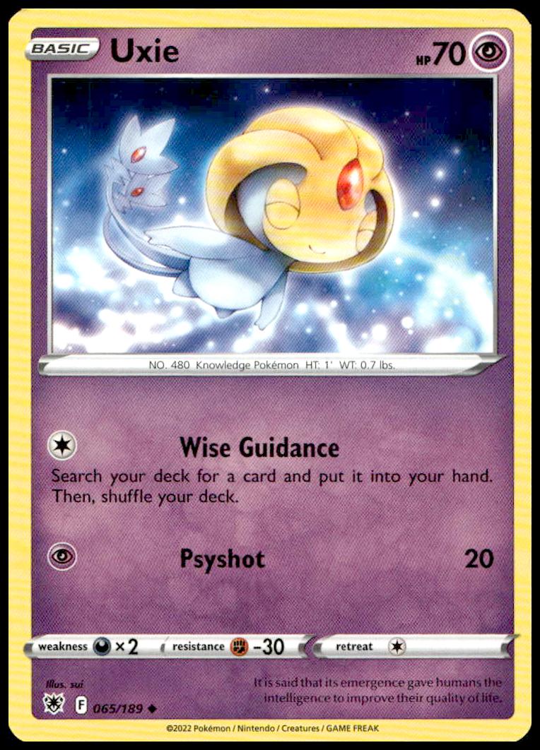 Uxie Pokémon card, Astral Radiance 2022, card #065/189, vibrant design, Psychic type.