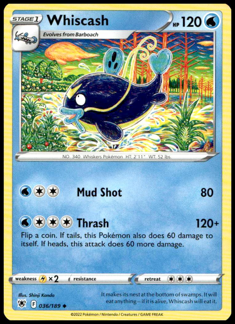 Whiscash Pokémon card from 2022 Astral Radiance, showcasing vibrant and dynamic artwork.