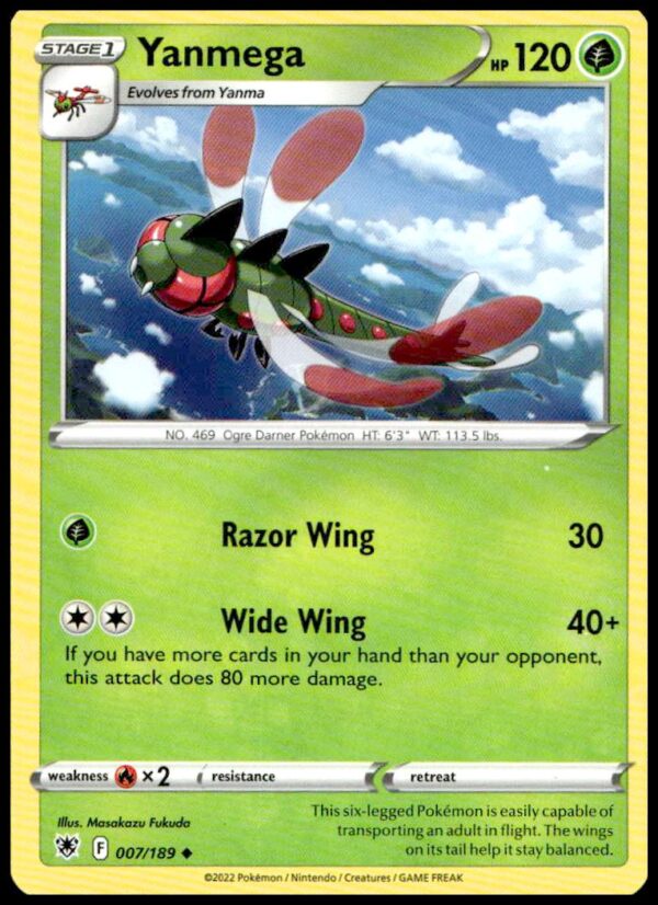 Yanmega 2022 Astral Radiance card, dynamic artwork, number 007/189, Sword & Shield series.