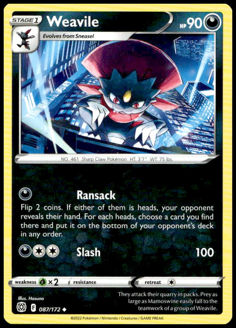 Weavile G Holo Card 2022, holographic and vibrant from Brilliant Stars set #087/172.