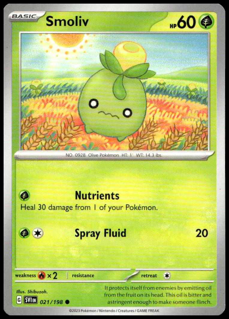 2023 Pokémon Smoliv Card #021/198 with vibrant design and unique stats.