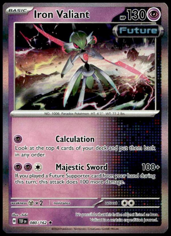 Iron Valiant Pokémon Card 2024, Scarlet & Violet: Temporal Forces #080/162, vibrant design.