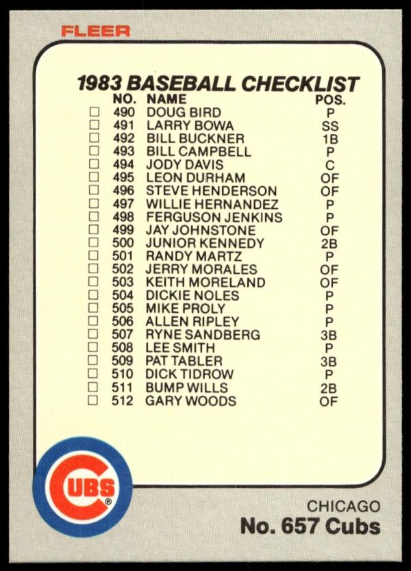 1983 Fleer Checklist: Cubs / A's #657 (Front)