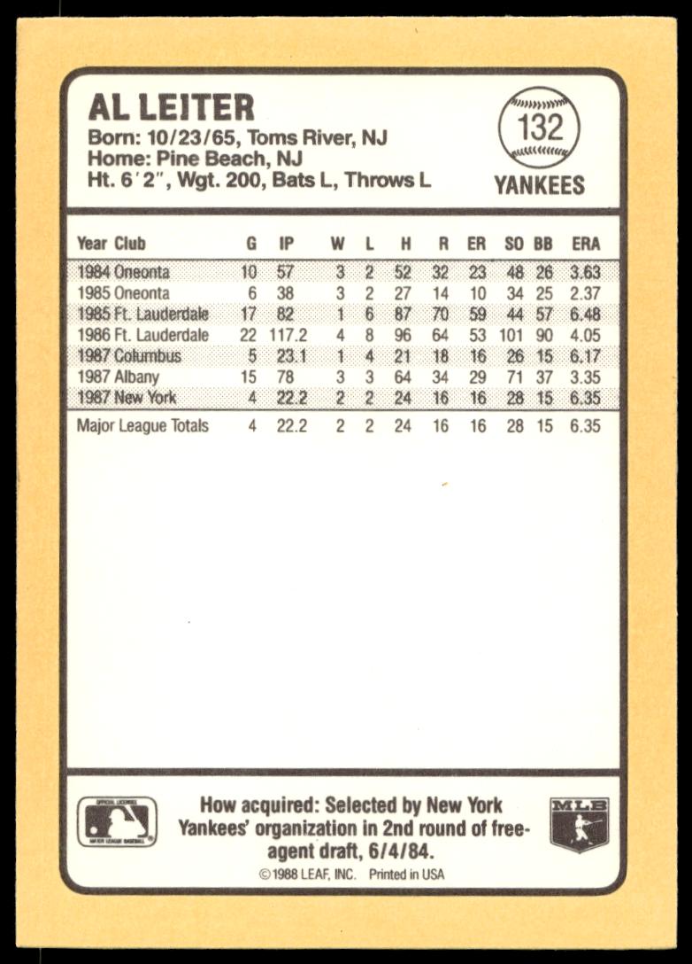 1988 Donruss Baseball's Best Al Leiter #132 (Back)