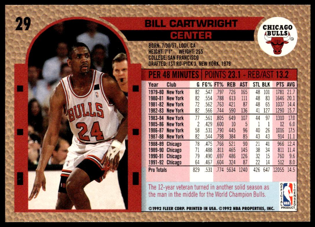 Bill Cartwright 1992-93 Fleer card back with stats and career highlights.