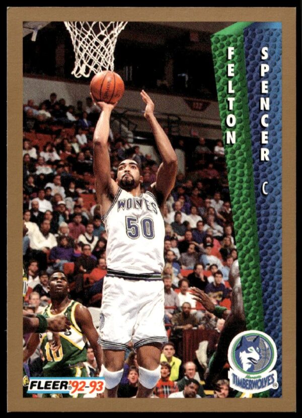 Felton Spencer 1992-93 Fleer Basketball Card #138 featuring an action shot and team details.