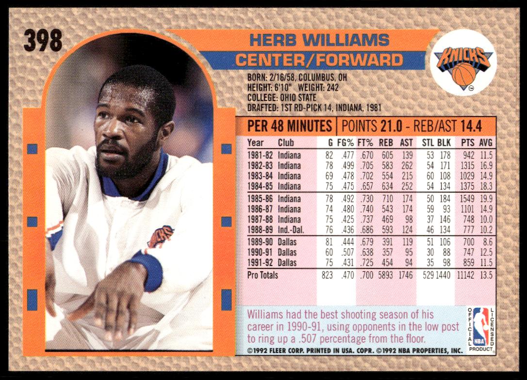 1992-93 Fleer Herb Williams #398 (Back)