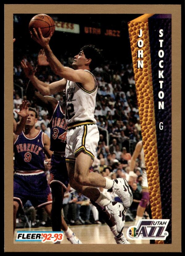 John Stockton 1992-93 Fleer card, Utah Jazz jersey, showcasing legendary point guard skills.