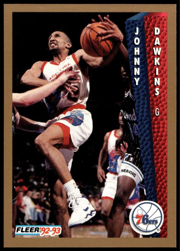 1992-93 Fleer Johnny Dawkins basketball card #168, featuring action shot and player stats.