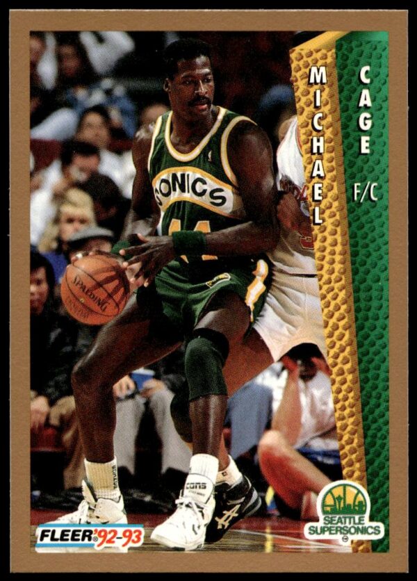 Michael Cage 1992-93 Fleer basketball card #210, showcasing action pose and team uniform.
