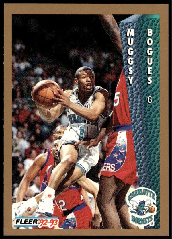 Muggsy Bogues 1992-93 Fleer basketball card, dribbling in Hornets uniform, card #20.