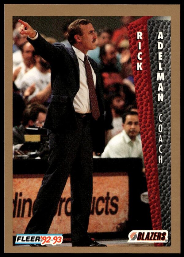 Rick Adelman 1992-93 Fleer card, #185, coaching pose, Fleer logo, NBA season.