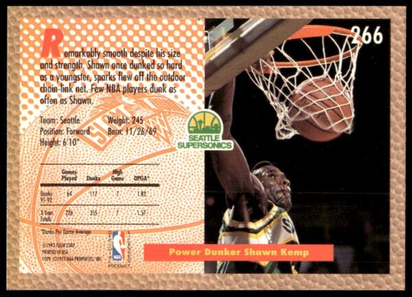 1992-93 Fleer Shawn Kemp #266 (Back)