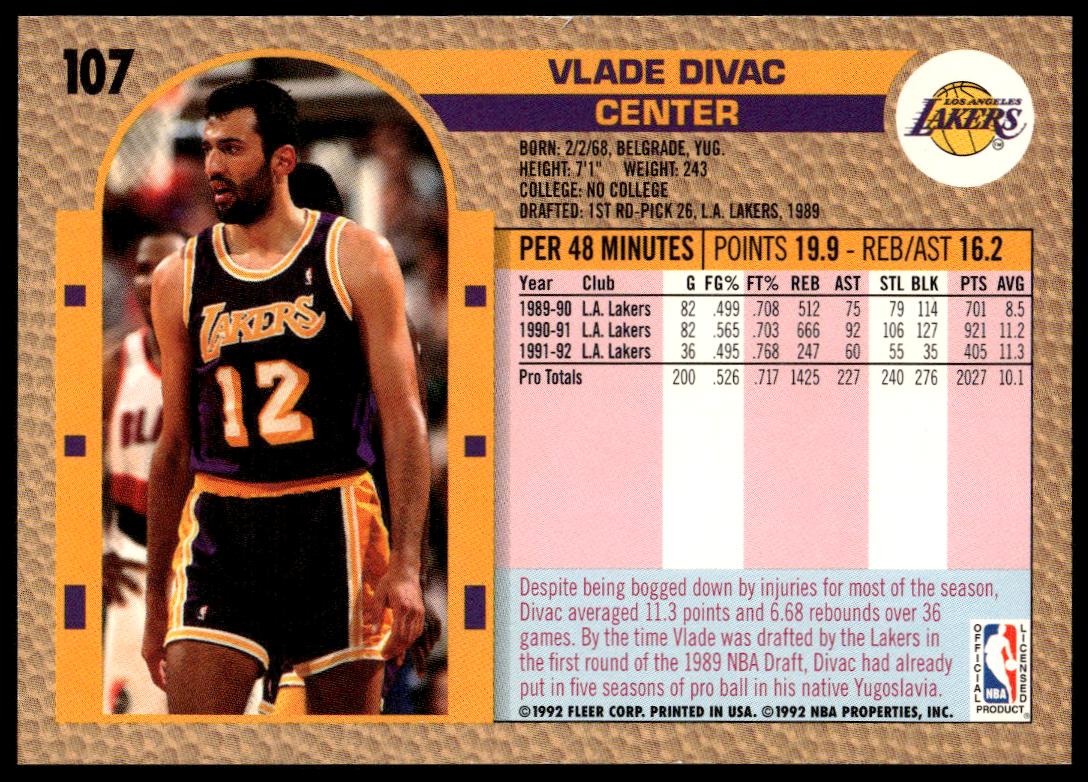 Back of Vlade Divac 1992-93 Fleer card with stats and highlights.