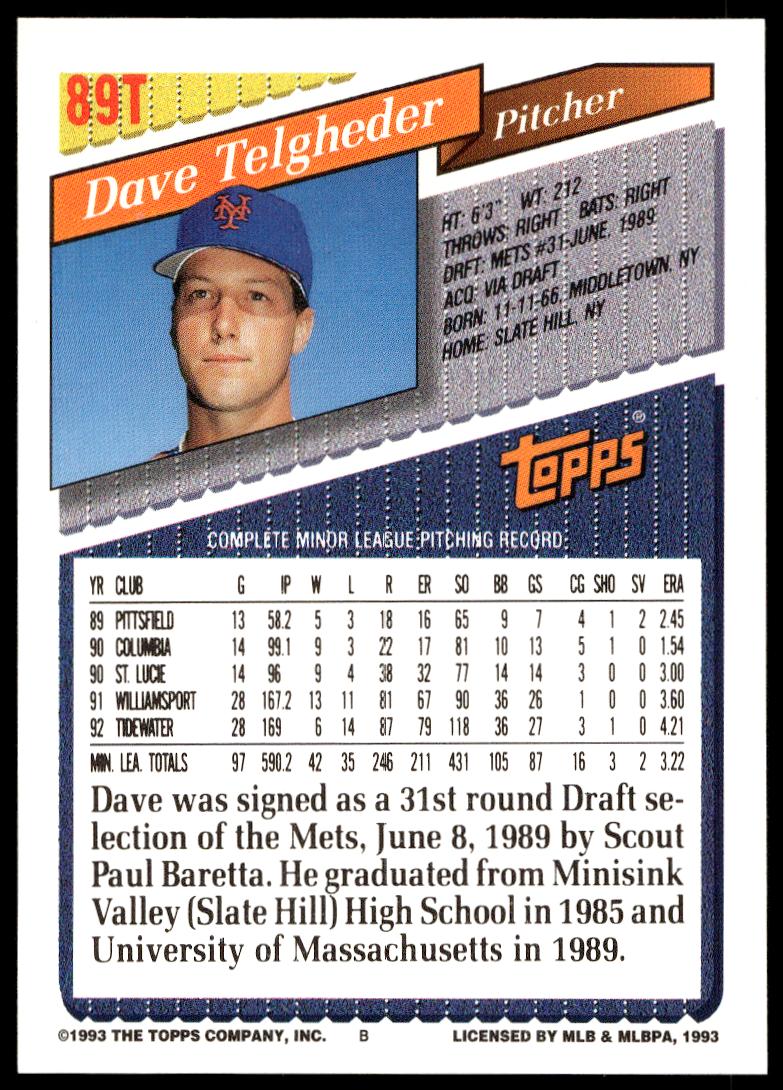 1993 Topps Traded Dave Telgheder #89T (Back)