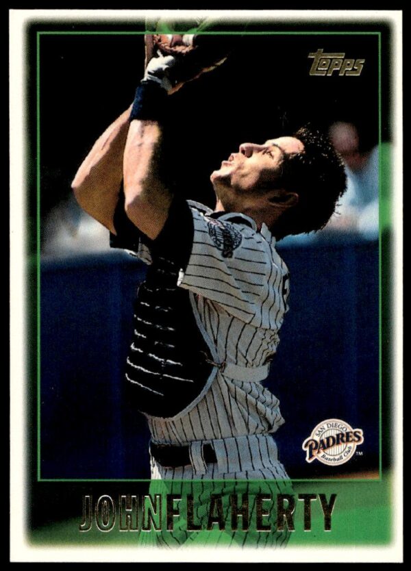 1997 Topps John Flaherty baseball card, Series 2, #412, featuring action pose and details.