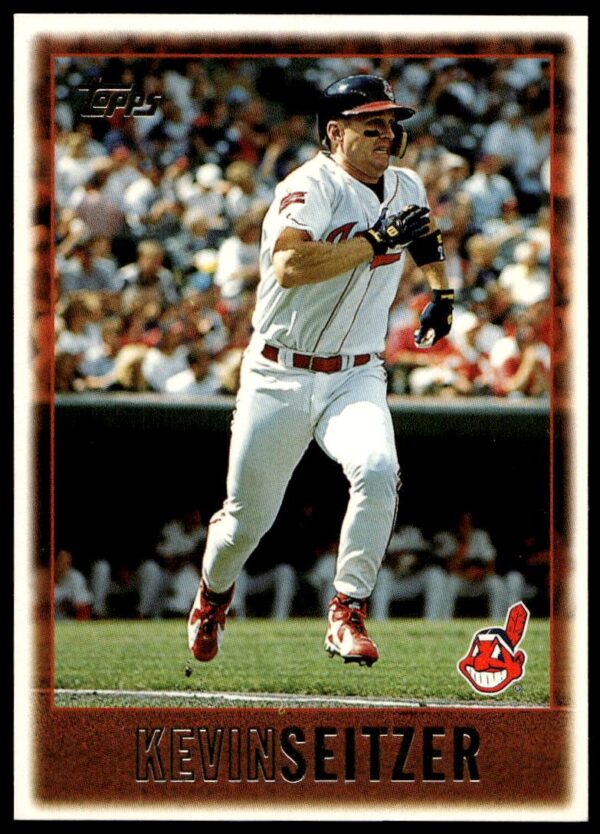 Kevin Seitzer 1997 Topps Baseball Card #421, action shot in uniform ready to bat.